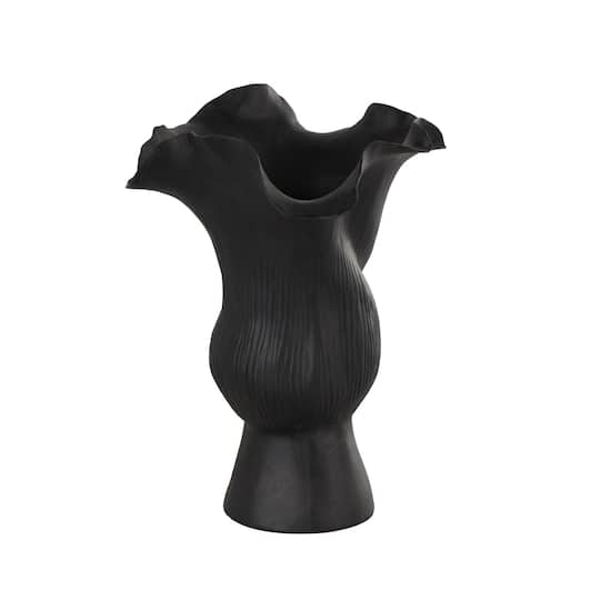 10.5" Black Ceramic Abstract Floral Vase with Linear Grooves
